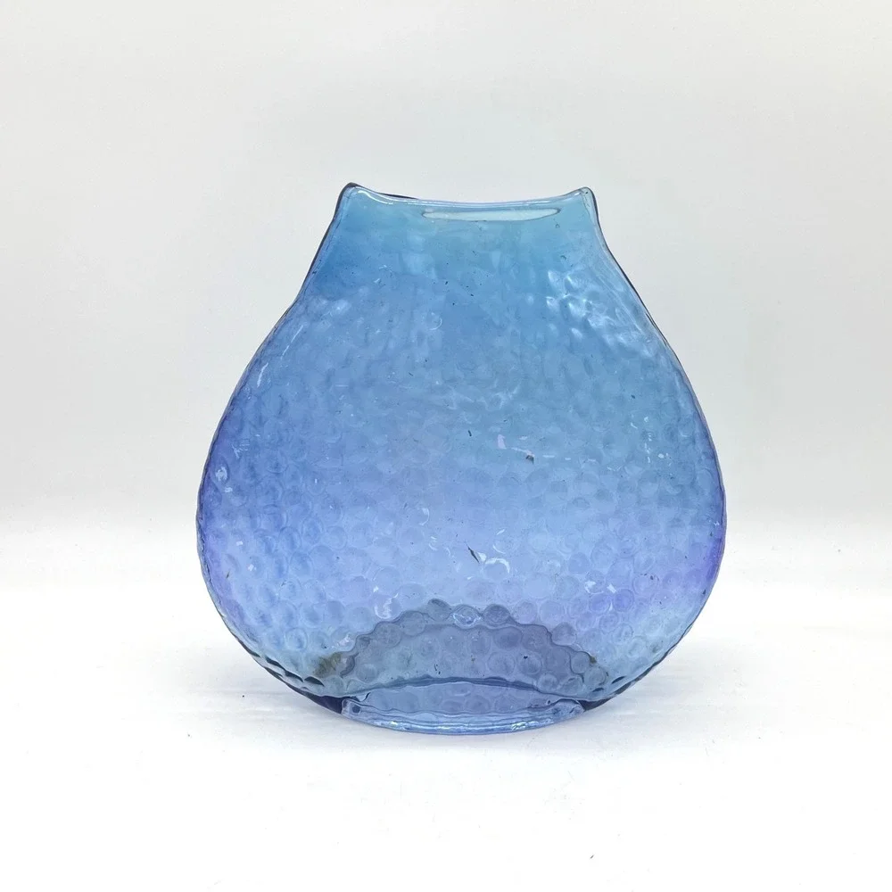 Hand Blown Blue Dimpled Art Glass Vase 7.5 Inch Hammered Texture